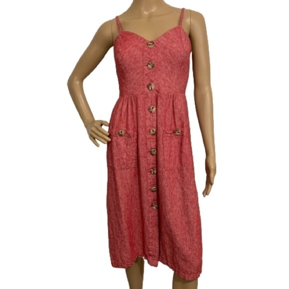 Indigo Rein Dresses & Skirts - Indigo Rein Linen Red Button Through Double Pocket Cami Dress Size M